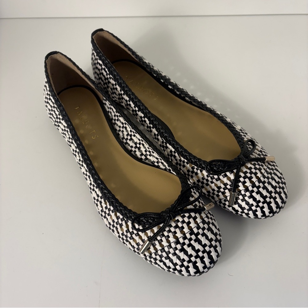 Talbots Black White Woven Ballet Shoes Flats Slip On Bow Classic Office Travel